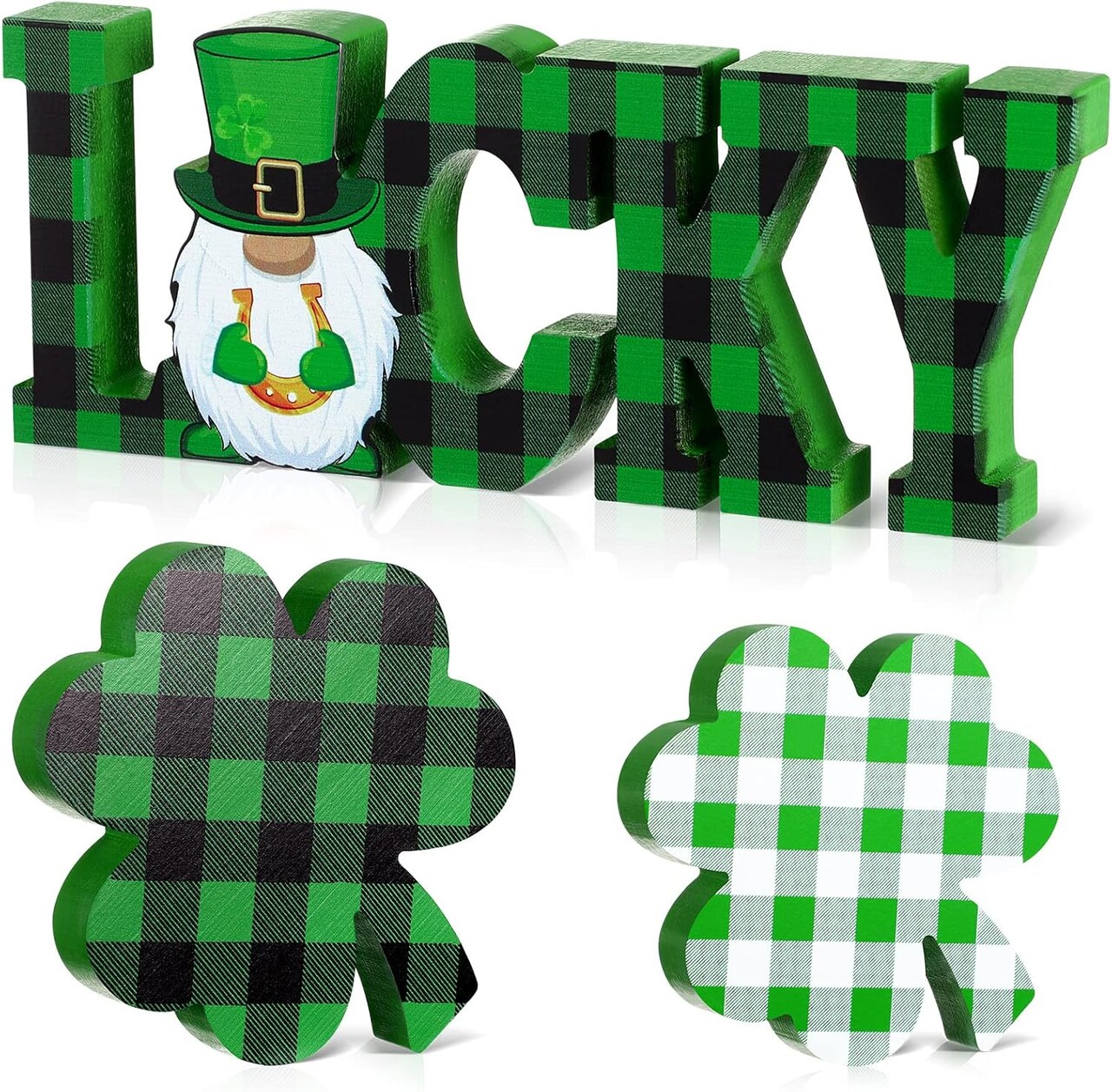 3 Pieces St Patricks Day Wooden Signs Decoration Irish Green Shamrock Gnome Tiered Tray Decor Lucky Table Centerpiece for St Patrick's Home Office Desk